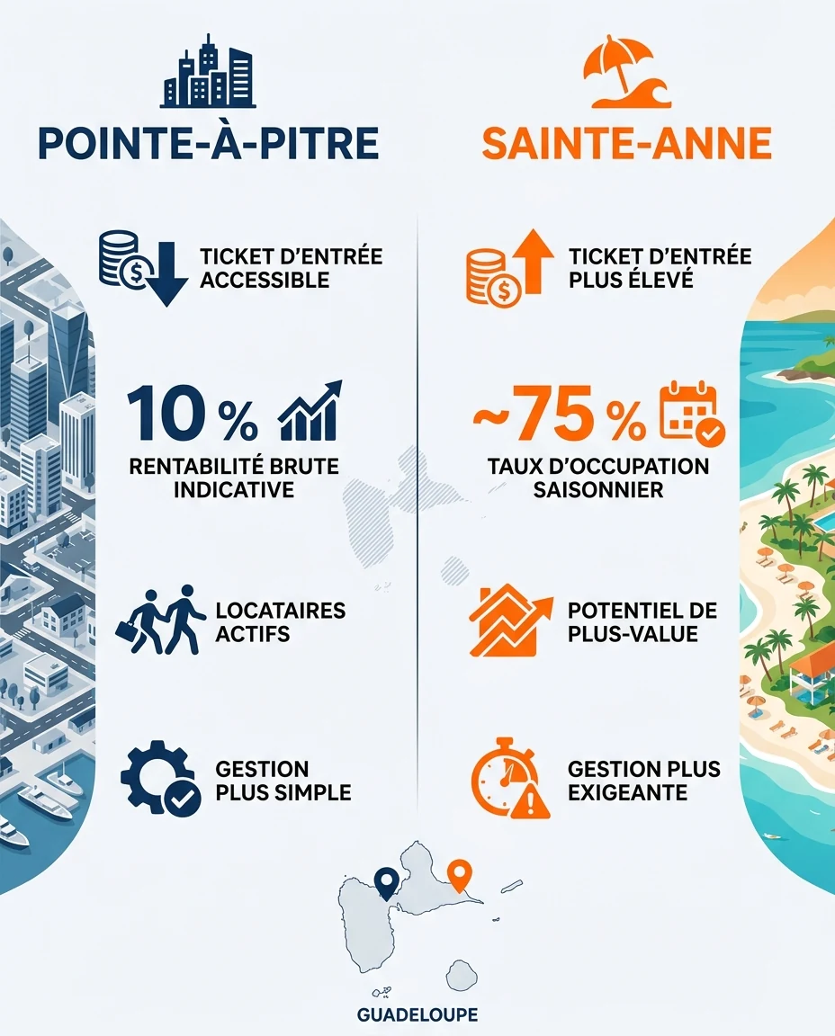 Infographie illustrant : Comparatif visuel Pointe-à-Pitre vs Sainte-Anne sous forme d'infographie split-screen vertical. Côté gauche Pointe-à-Pit. Article Mouve