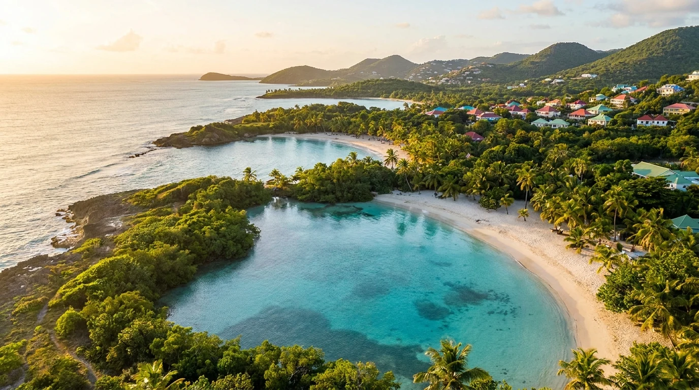 Vue panoramique de la côte sud de la Guadeloupe au lever du soleil — illustration de l'analyse des prix immobiliers en 2026.