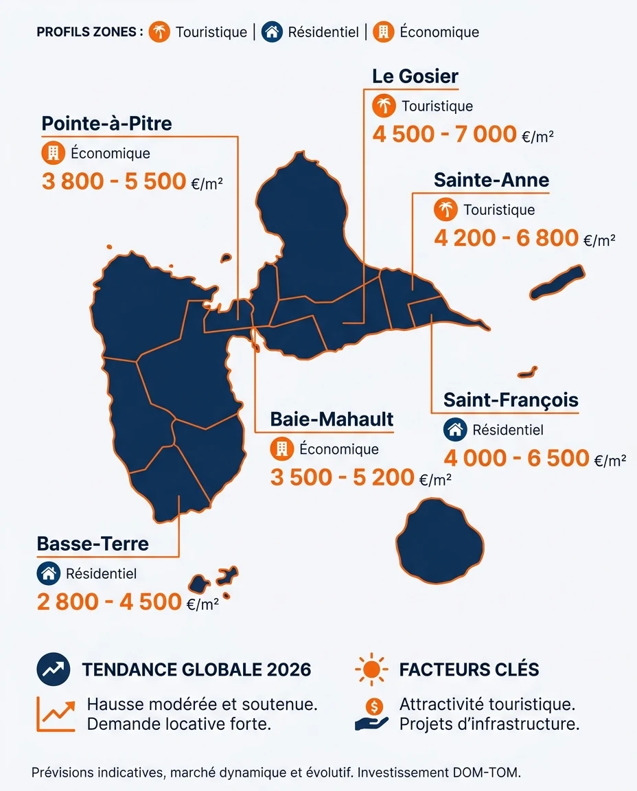 Infographie illustrant : Carte schématique de la Guadeloupe avec 5 à 6 micro-zones (Pointe-à-Pitre, Le Gosier, Sainte-Anne, Baie-Mahault, Saint-F. Article Mouve