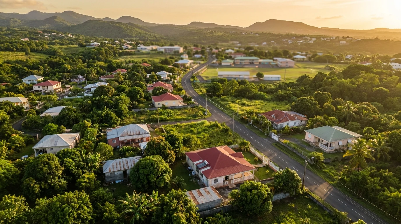 Vue aérienne d'une commune périurbaine de Guadeloupe en fin de journée — illustration des quartiers à surveiller pour leur potentiel de plus-value.