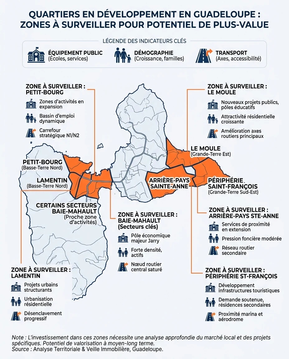 Infographie illustrant : Carte thématique de la Guadeloupe avec 5 à 6 zones à surveiller mises en évidence — Le Moule (Grande-Terre est), Petit-B. Article Mouve