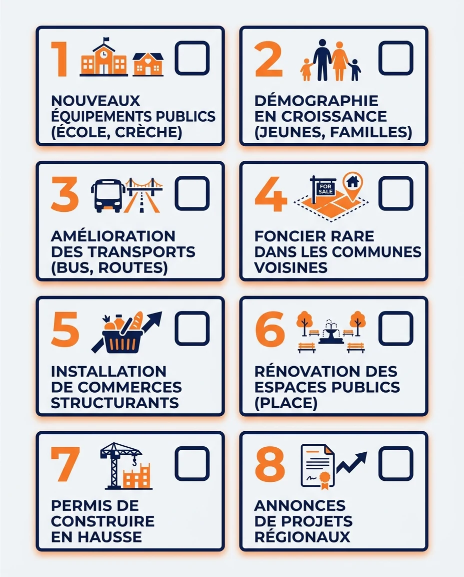 Infographie illustrant : Checklist visuelle « Signes d'une zone qui monte » — 8 critères présentés sous forme de cartes à cocher avec icônes : 1). Article Mouve