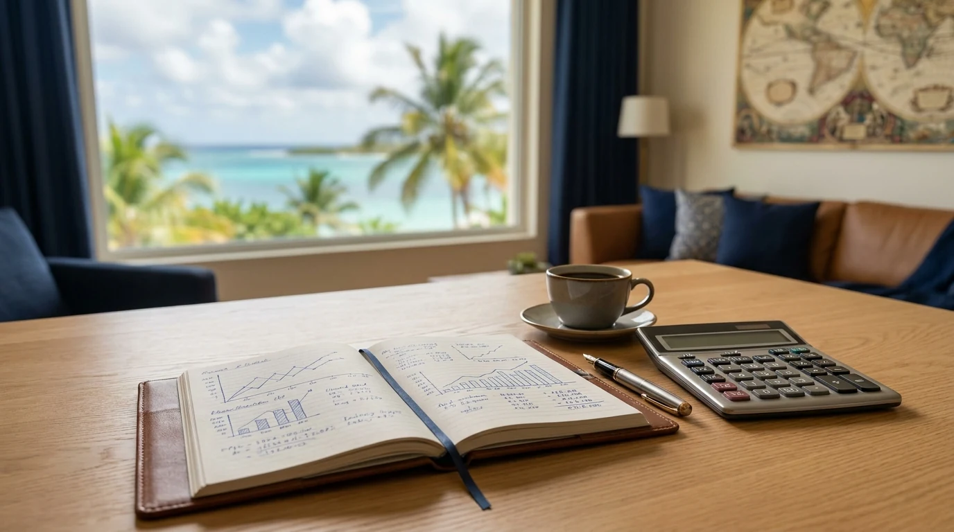 Bureau d'investisseur immobilier avec calculatrice et notes manuscrites, vue tropicale en arrière-plan — illustration du calcul de rentabilité nette en DOM-TOM.