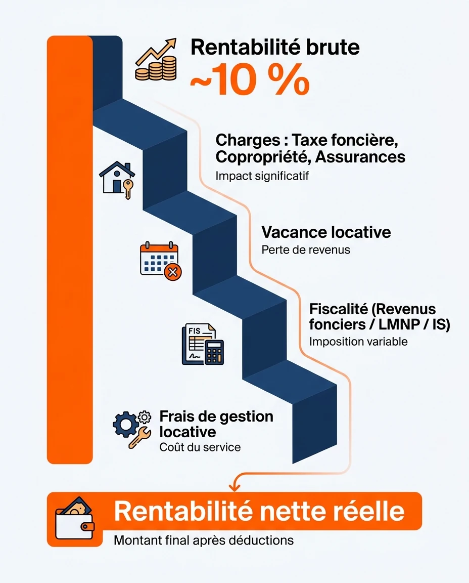 Infographie illustrant : Visuel pédagogique en cascade illustrant la chute du rendement brut vers le rendement net en DOM-TOM. Partir d'une gross. Article Mouve