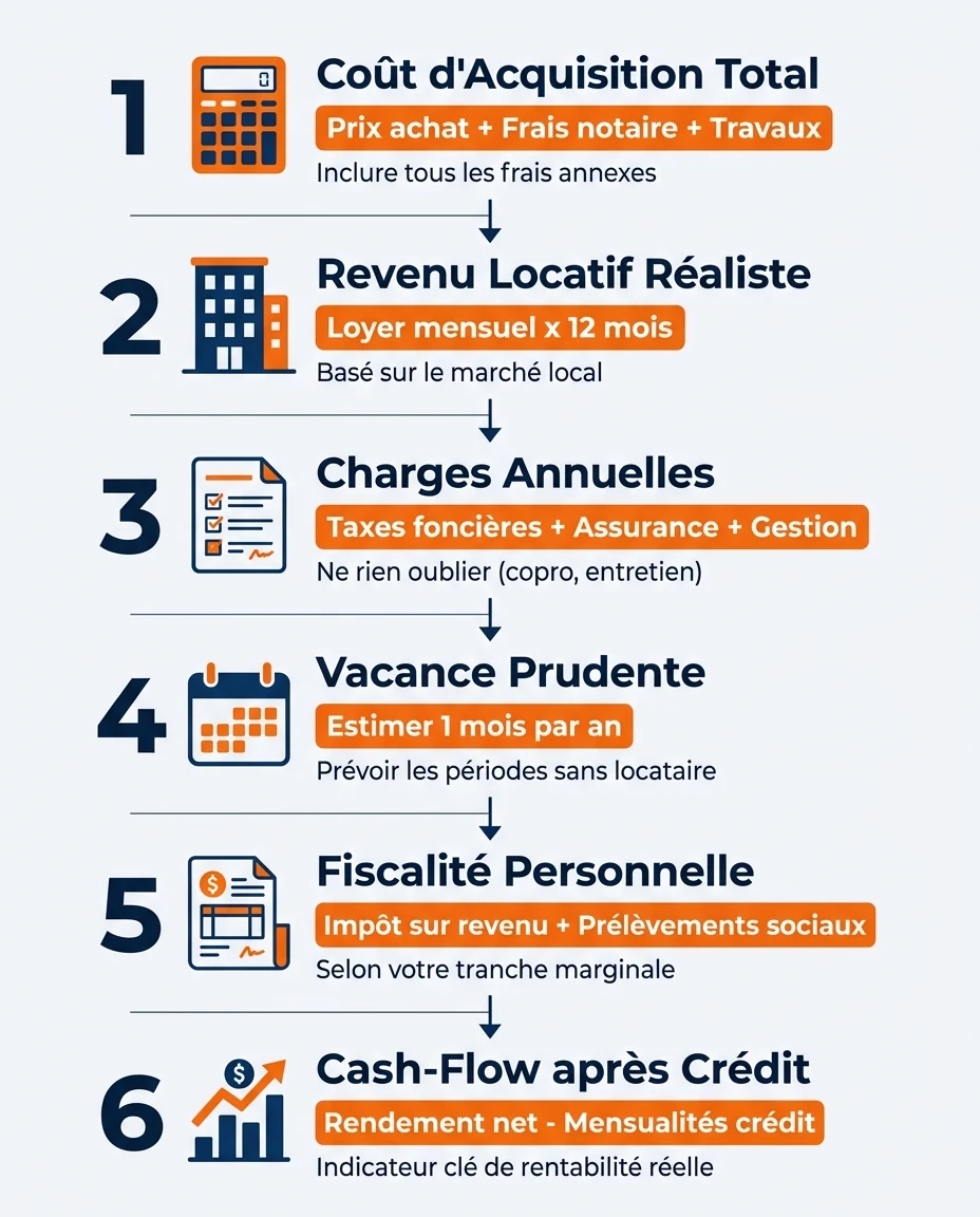 Infographie illustrant : Schéma méthodologique en 6 étapes verticales pour calculer une rentabilité nette en DOM-TOM. Chaque étape numérotée a un. Article Mouve