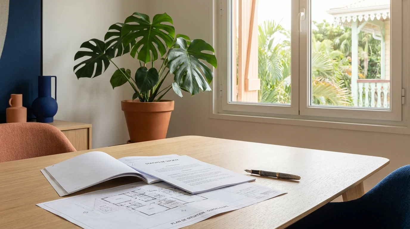 Bureau patrimonial avec statuts de SCI et documents immobiliers — création d'une Société Civile Immobilière pour un projet en Guadeloupe.