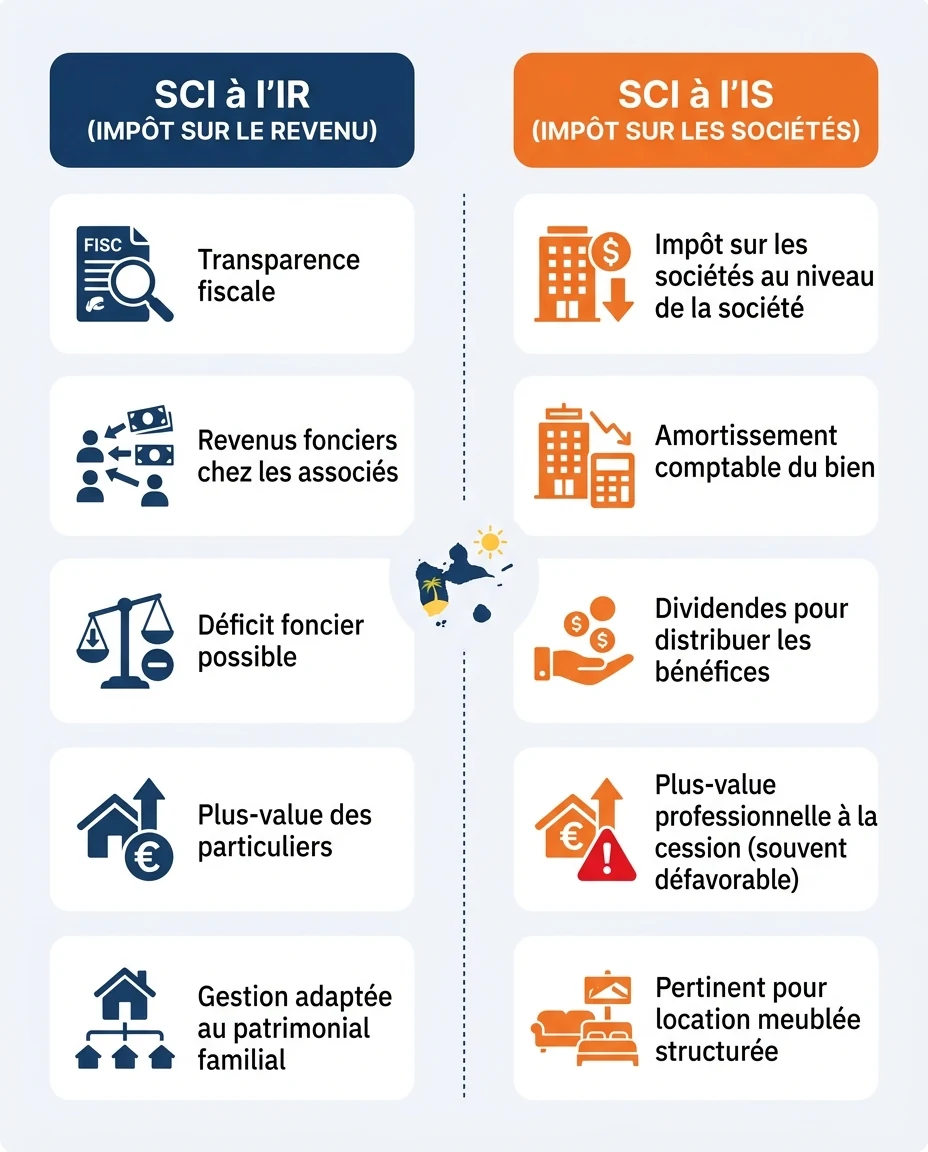 Infographie illustrant : Schéma pédagogique de la structure d'une SCI à l'IR vs SCI à l'IS, sous forme d'infographie comparative en deux colonnes. Article Mouve