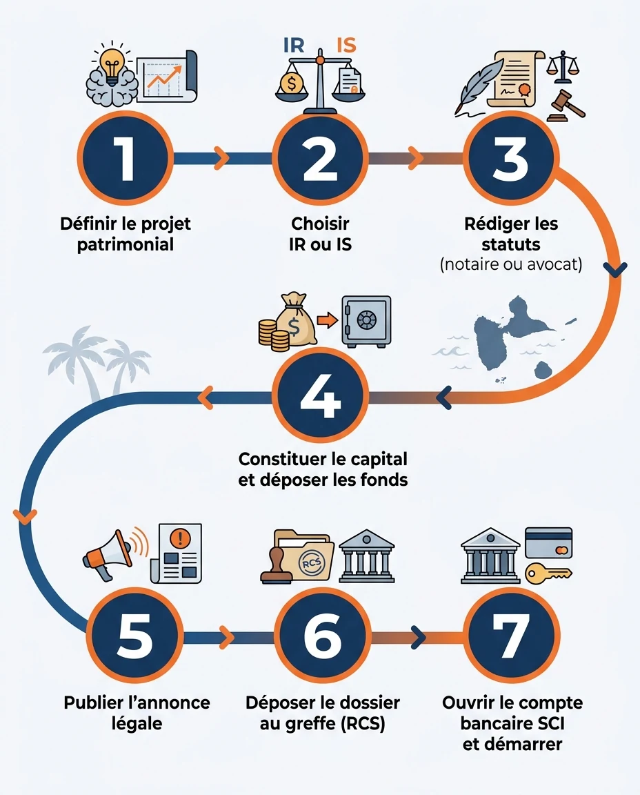Infographie illustrant : Timeline visuelle horizontale présentant les 7 étapes de création d'une SCI, sous forme de parcours pédagogique. Étapes . Article Mouve