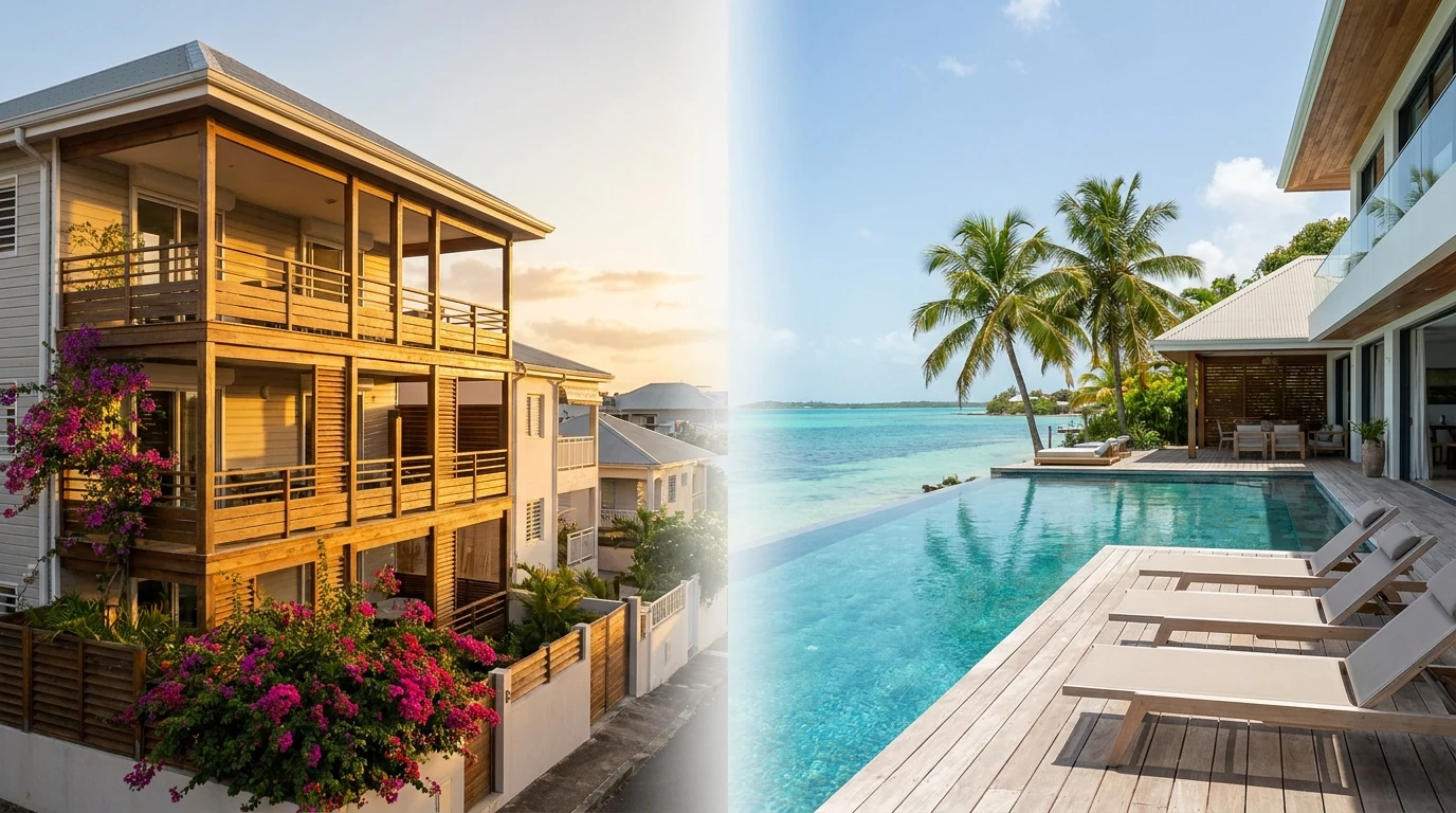 Comparaison visuelle entre un T2 en zone urbaine guadeloupéenne et une villa avec piscine en bord de lagon — illustration de l'arbitrage T2 vs villa pour le ren