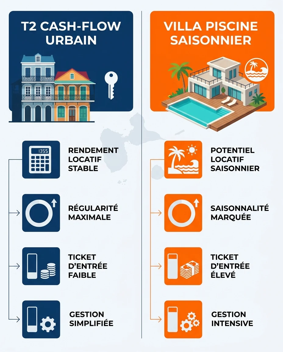 Infographie illustrant : Infographie split-screen verticale en deux colonnes opposées. À gauche, ambiance T2 cash-flow urbain (silhouette d'immeu. Article Mouve