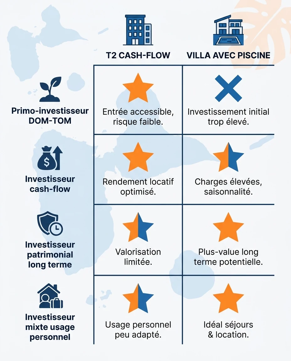 Infographie illustrant : Matrice visuelle Profil investisseur × Type de bien pour aider à choisir entre T2 cash-flow et villa avec piscine en Gua. Article Mouve