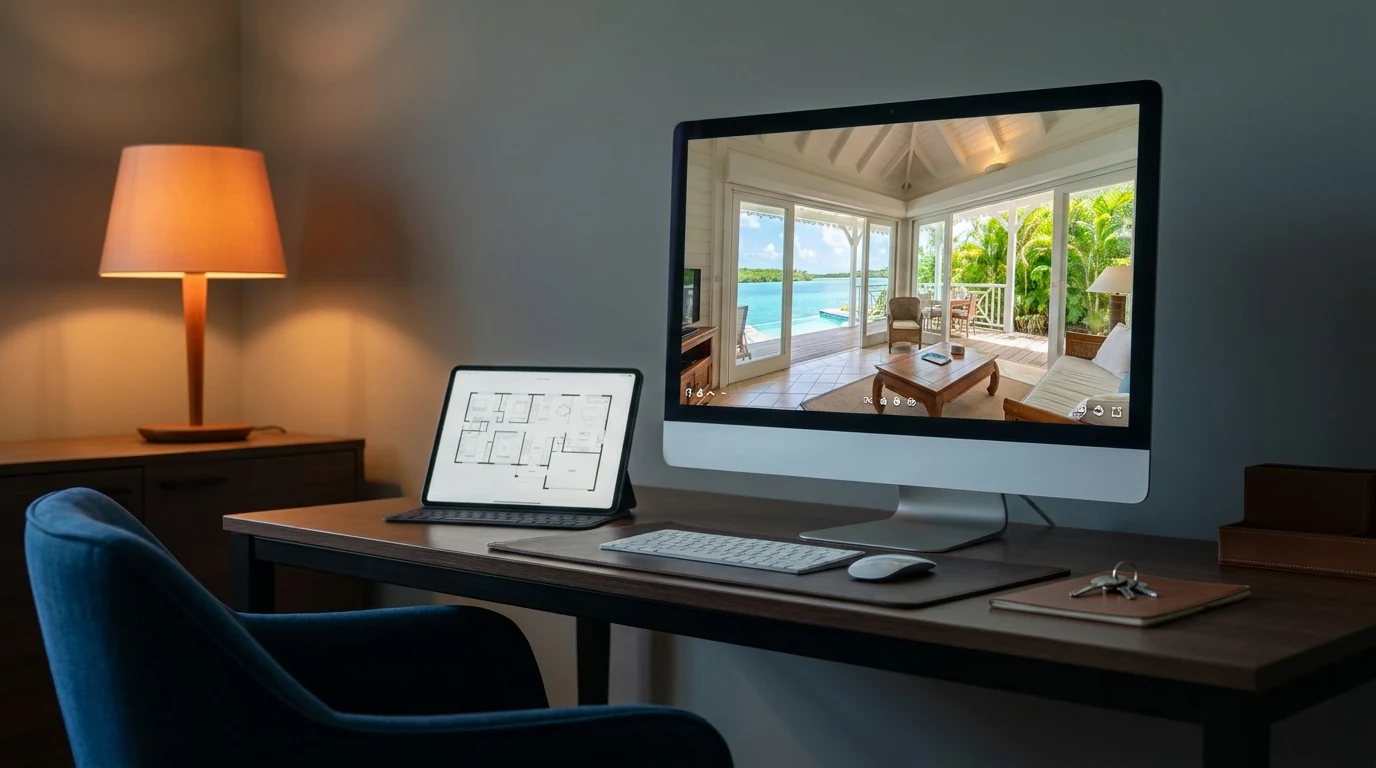 Investisseur métropolitain conduisant une visite virtuelle d'un bien immobilier en Guadeloupe depuis son bureau.