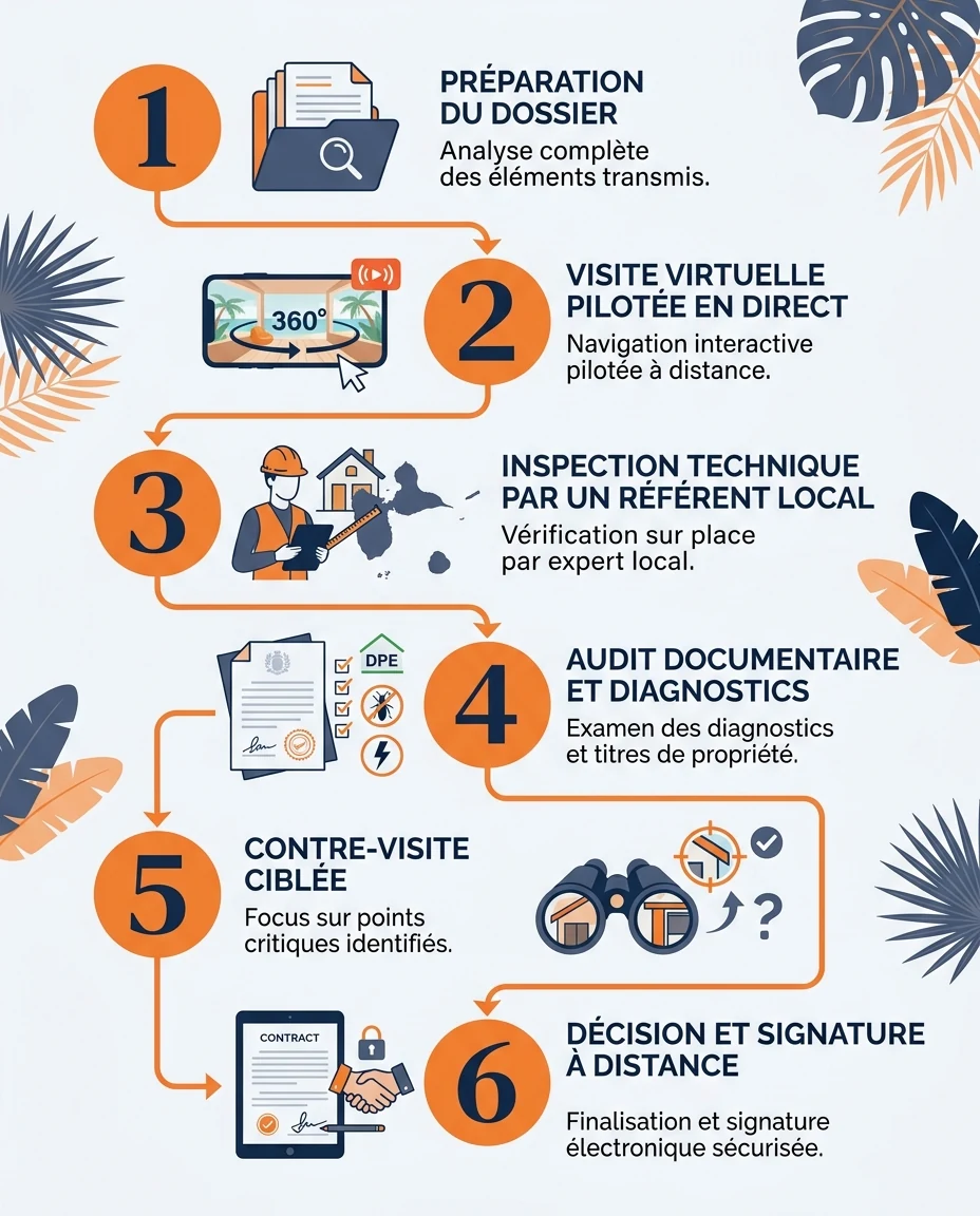 Infographie illustrant : Schéma vertical en 6 étapes représentant le protocole d'inspection à distance d'un bien immobilier en Guadeloupe. Étape . Article Mouve