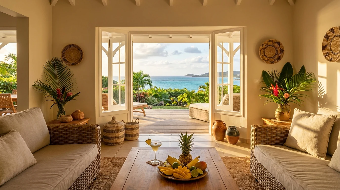 Intérieur premium d'une villa saisonnière en Martinique ouverte sur la mer des Caraïbes à l'heure dorée — illustration de la photographie immobilière haut de ga