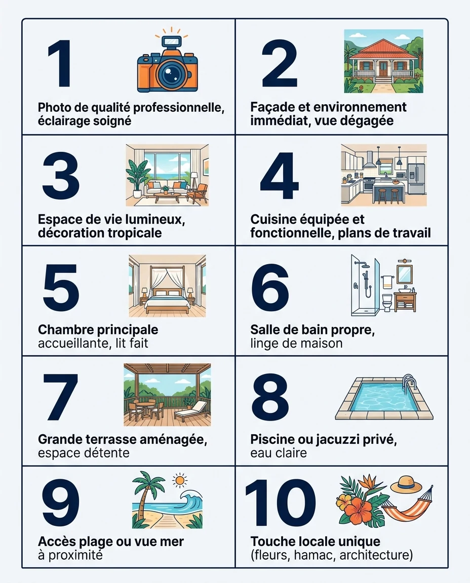 Infographie illustrant : Grille éditoriale verticale présentant les 10 photos clés d'une annonce de location saisonnière en Martinique. Chaque ca. Article Mouve