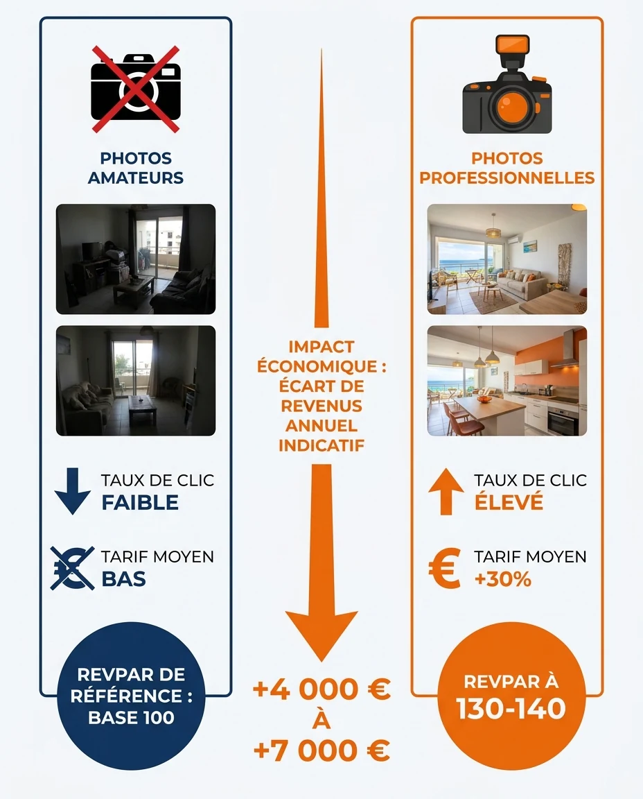 Infographie illustrant : Infographie verticale éditoriale type avant / après photo montrant l'impact économique d'une séance photo professionnell. Article Mouve