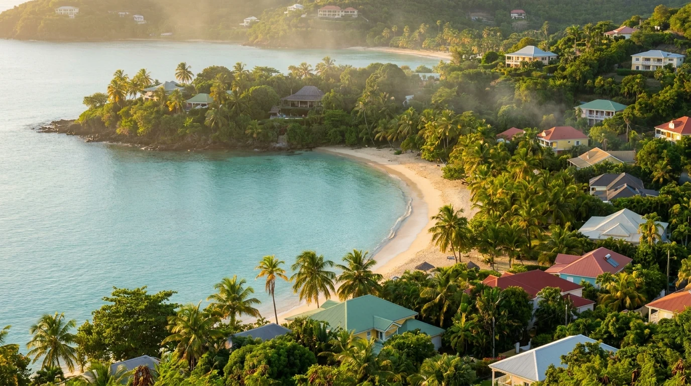 Vue panoramique d'une côte antillaise au coucher du soleil — illustration de l'analyse de la rentabilité nette en immobilier DOM-TOM en 2026.