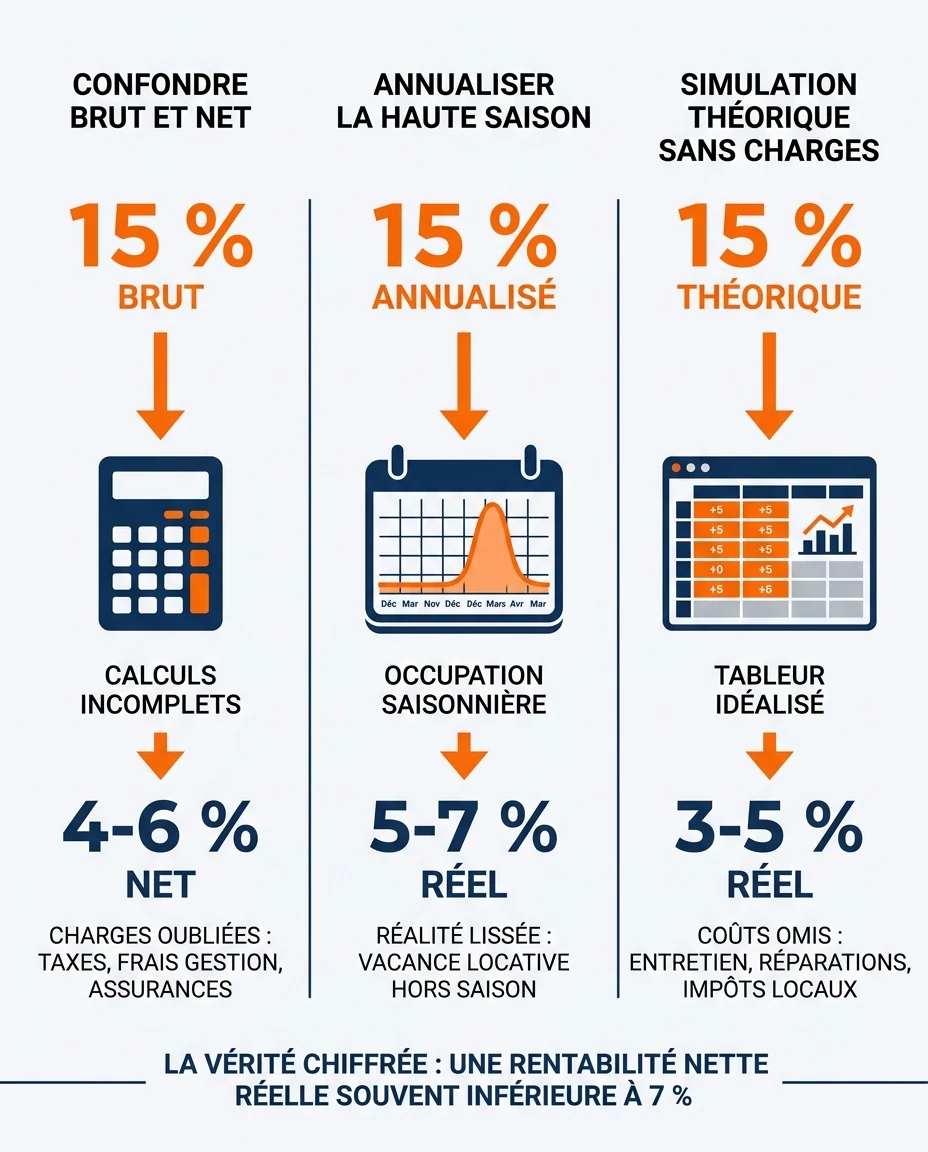 Infographie illustrant : Visuel pédagogique en trois colonnes illustrant les trois biais qui produisent une fausse promesse de 15 % de rentabilit. Article Mouve