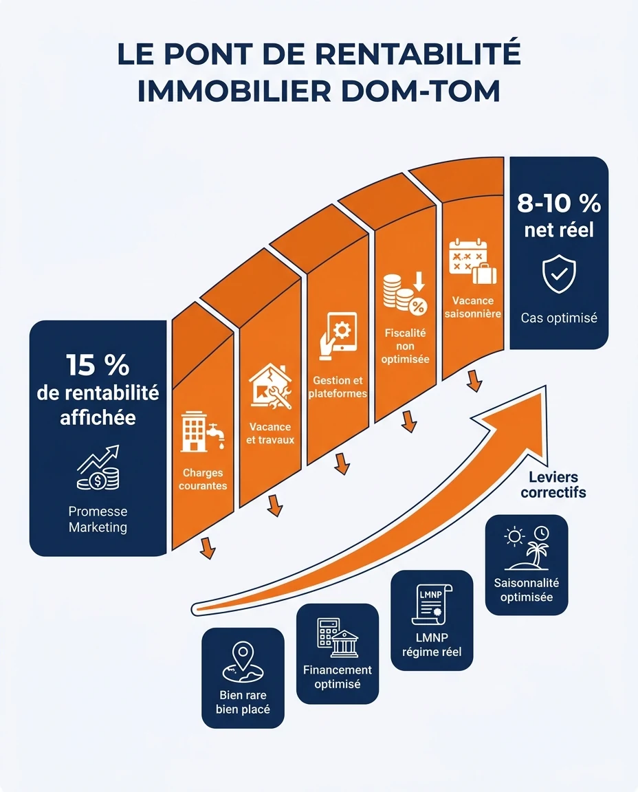Infographie illustrant : Schéma visuel illustrant le pont de rentabilité en immobilier DOM-TOM, depuis la promesse marketing affichée jusqu'à la . Article Mouve