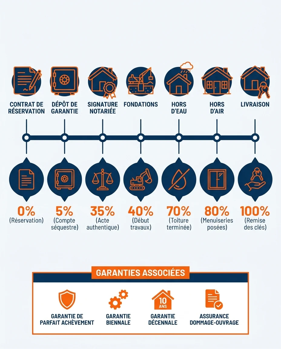 Infographie illustrant : Schéma chronologique horizontal des grandes étapes d'une VEFA en Martinique, de la réservation à la livraison. Sept jalo. Article Mouve