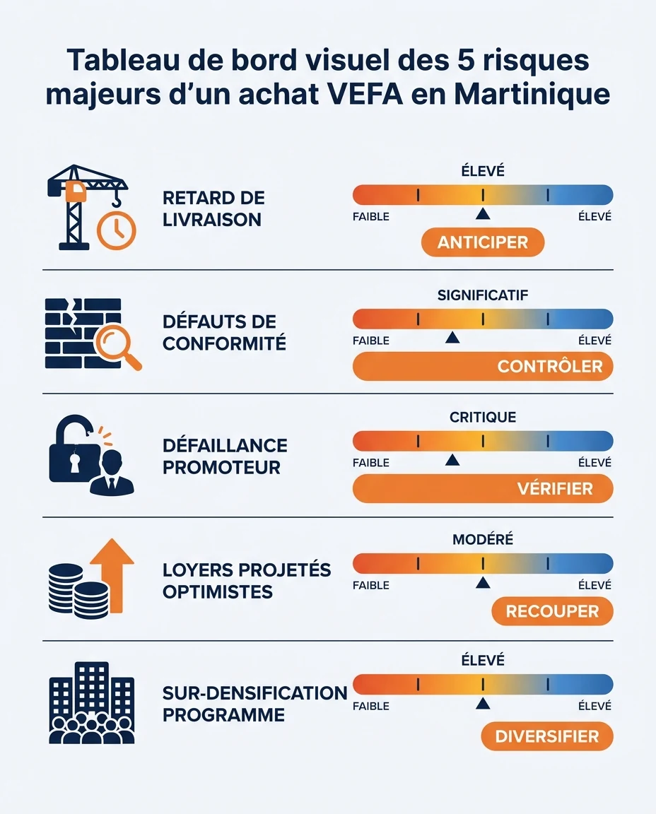 Infographie illustrant : Tableau de bord visuel des 5 risques majeurs d'un achat VEFA en Martinique, présentés sous forme de jauges de risque. Ci. Article Mouve