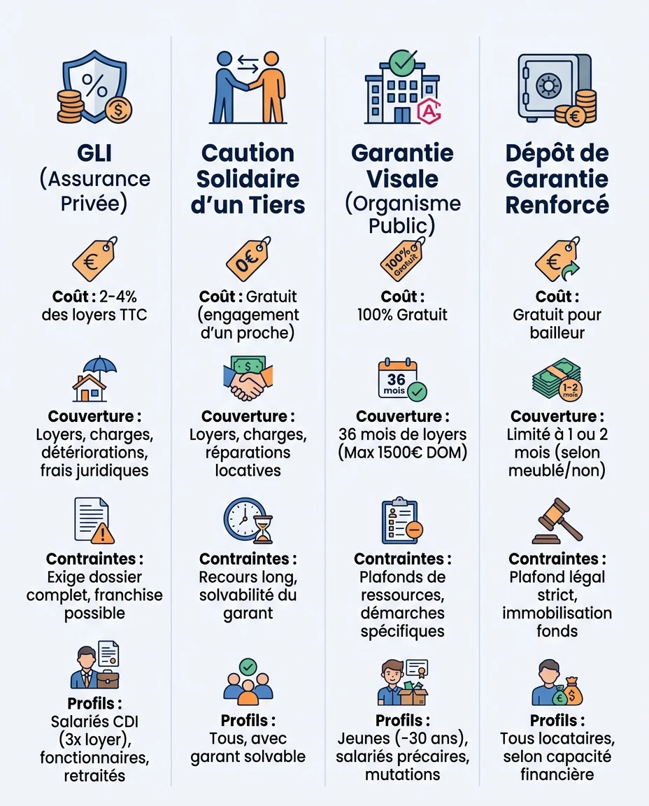 Infographie illustrant : Schéma comparatif des quatre dispositifs de protection contre les loyers impayés en DOM-TOM. Visuel en quatre colonnes c. Article Mouve