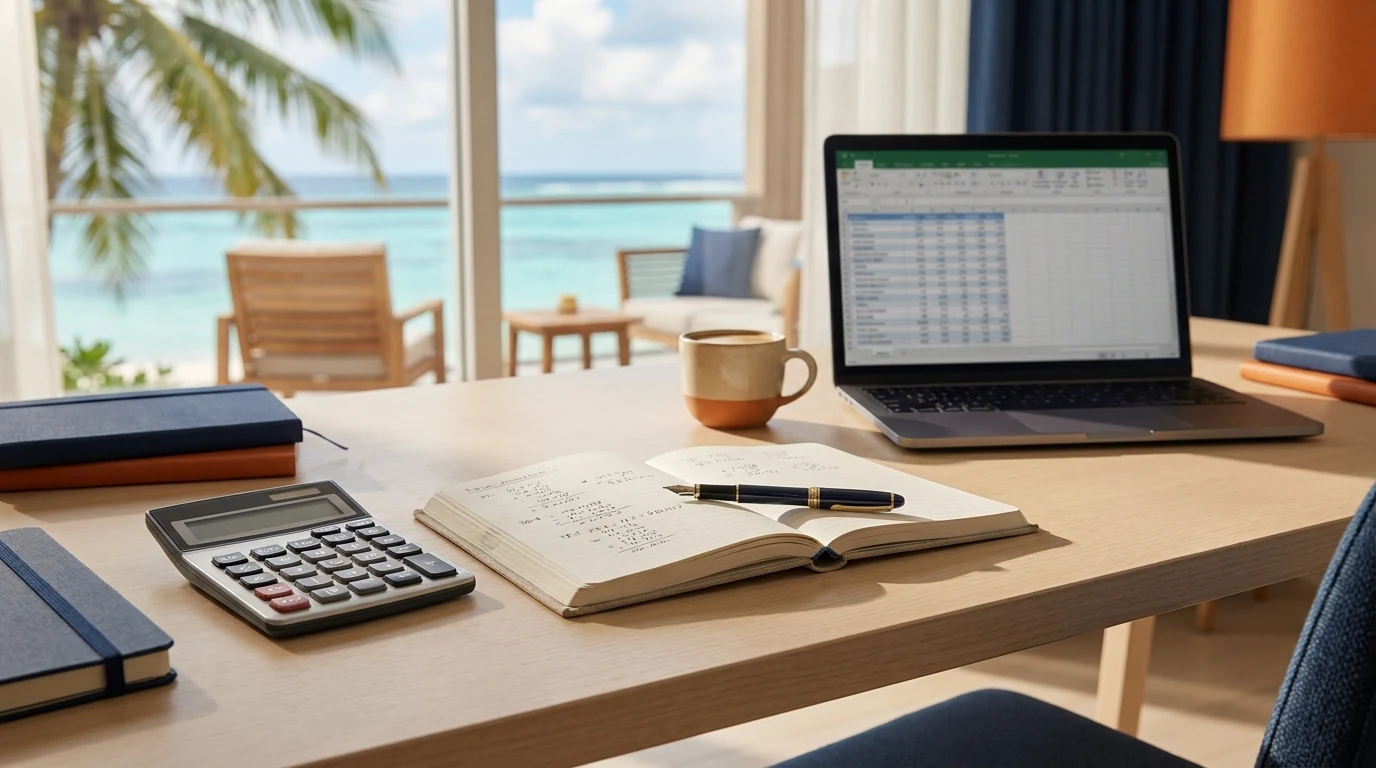 Bureau d'analyse financière avec calculatrice et carnet ouvert face à un paysage antillais tropical — illustration du calcul de rentabilité d'une location saiso