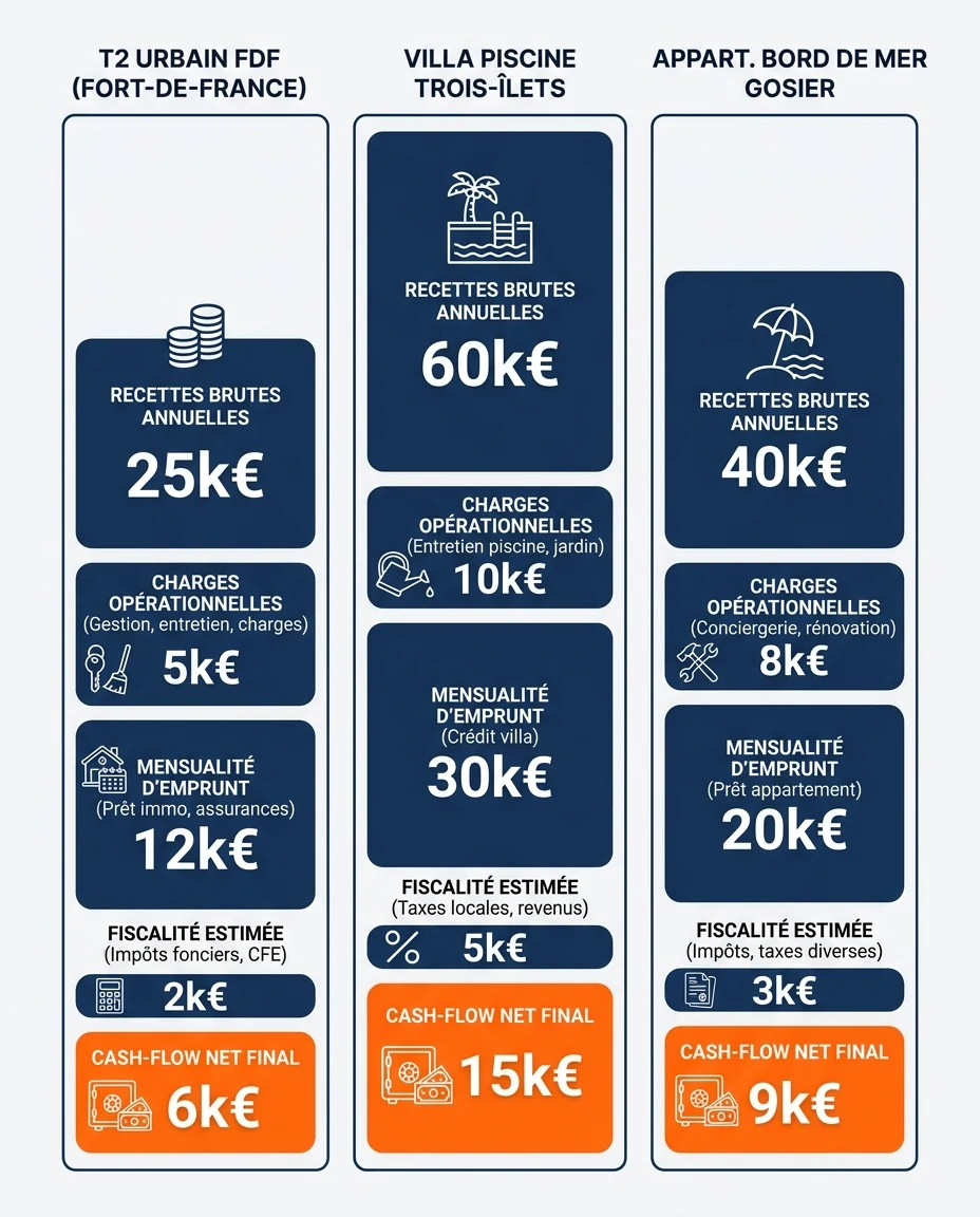 Infographie illustrant : Diagramme comparatif vertical de trois scénarios chiffrés de rentabilité nette pour une location saisonnière aux Antille. Article Mouve