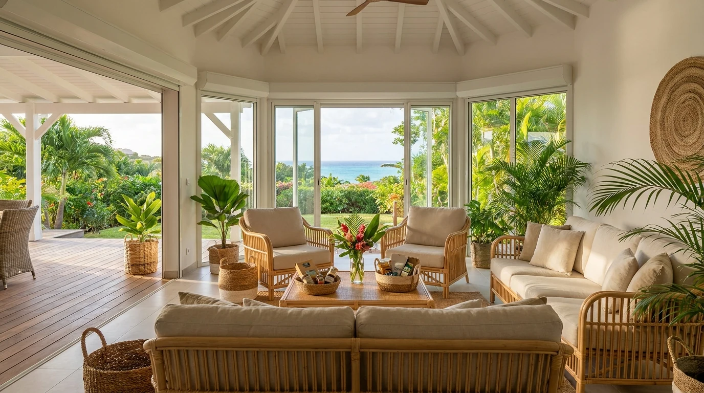 Intérieur premium d'une villa de location saisonnière en Martinique préparée par une conciergerie professionnelle — illustration de la délégation 100 % à distan