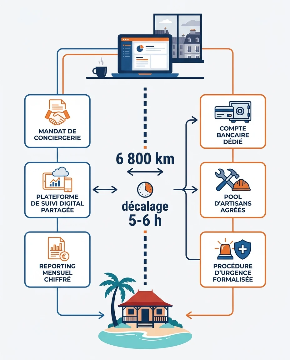 Infographie illustrant : Schéma vertical éditorial illustrant l'architecture d'une délégation 100 % à distance entre un investisseur métropolitai. Article Mouve