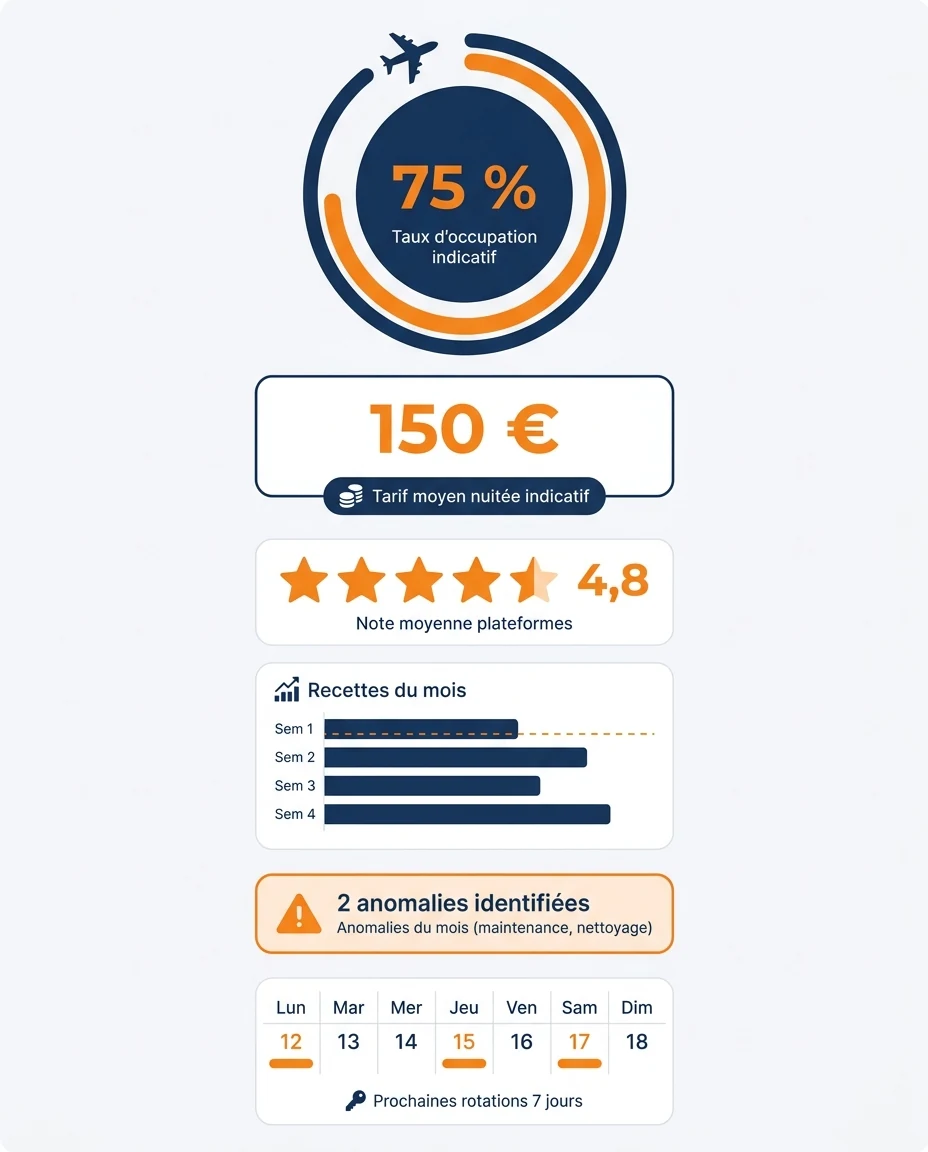 Infographie illustrant : Tableau de bord vertical éditorial type cockpit du propriétaire à distance pour piloter un bien martiniquais via une con. Article Mouve