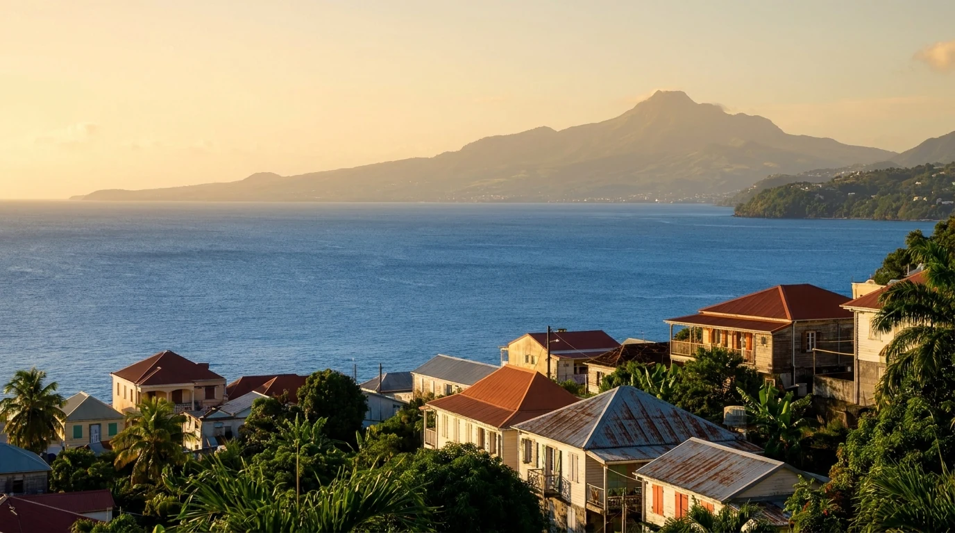 Vue panoramique de la baie de Fort-de-France au lever du jour avec toits créoles et Montagne Pelée — illustration du marché du crédit immobilier en Martinique.
