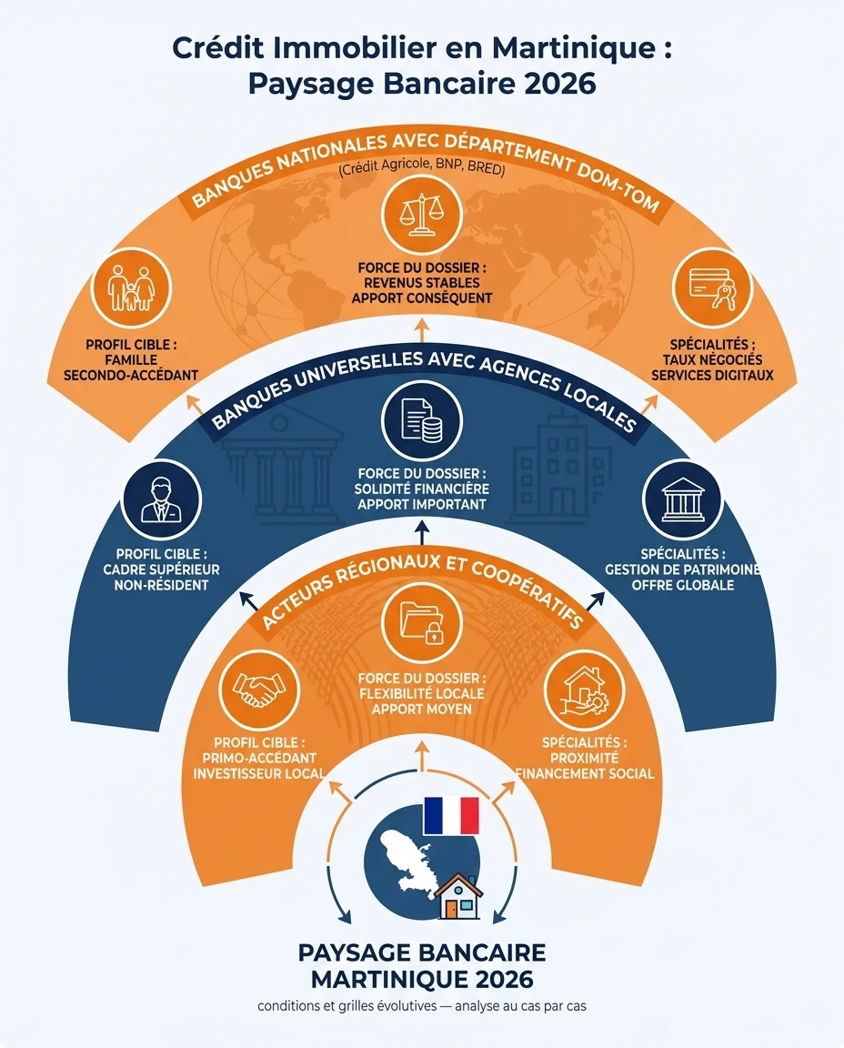 Infographie illustrant : Schéma pédagogique du paysage bancaire martiniquais en 2026. Visuel en éventail ou en cercles concentriques montrant les. Article Mouve