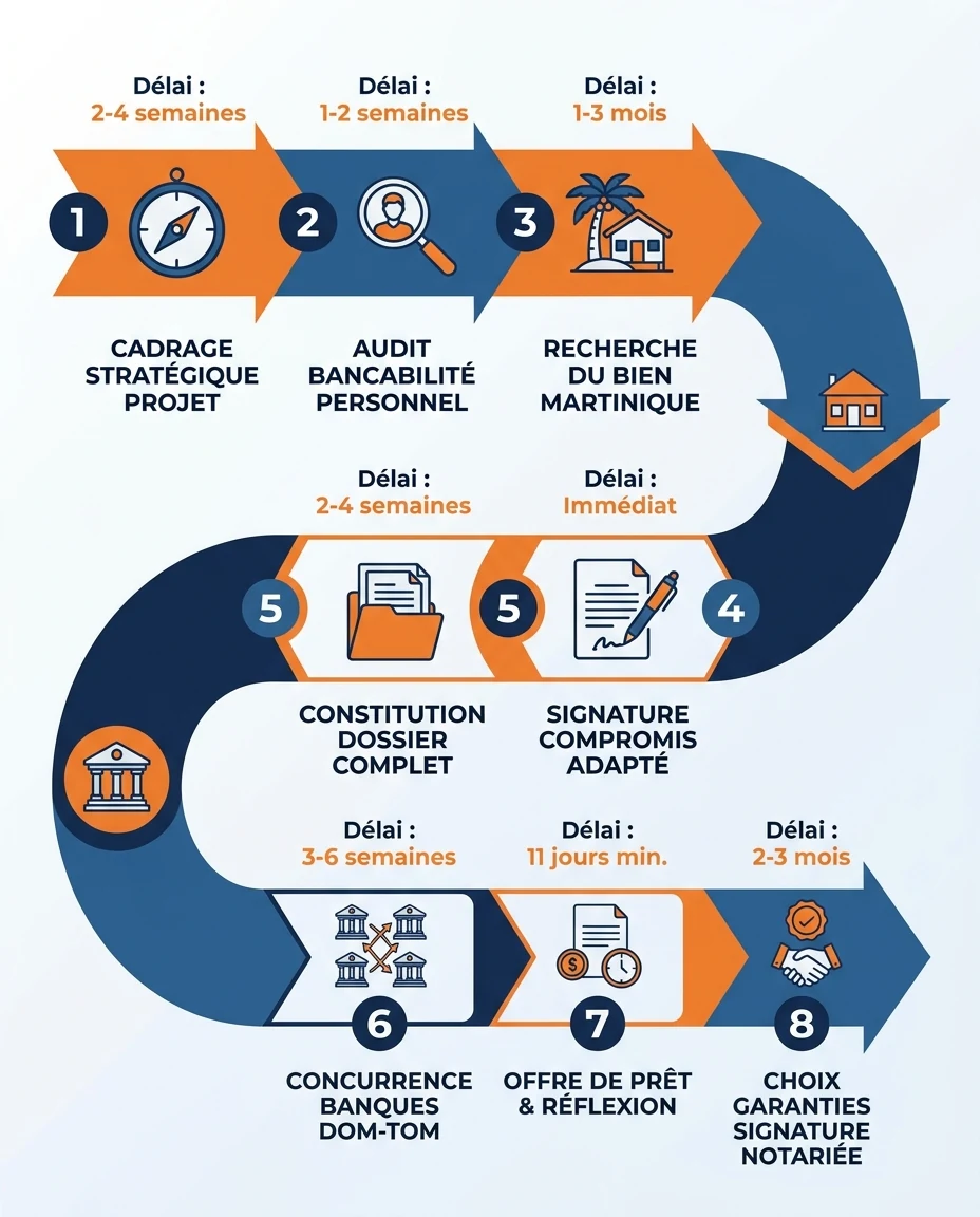 Infographie illustrant : Timeline horizontale du parcours de crédit Martinique en 8 étapes, sous forme de flèche progressive avec icônes simples . Article Mouve