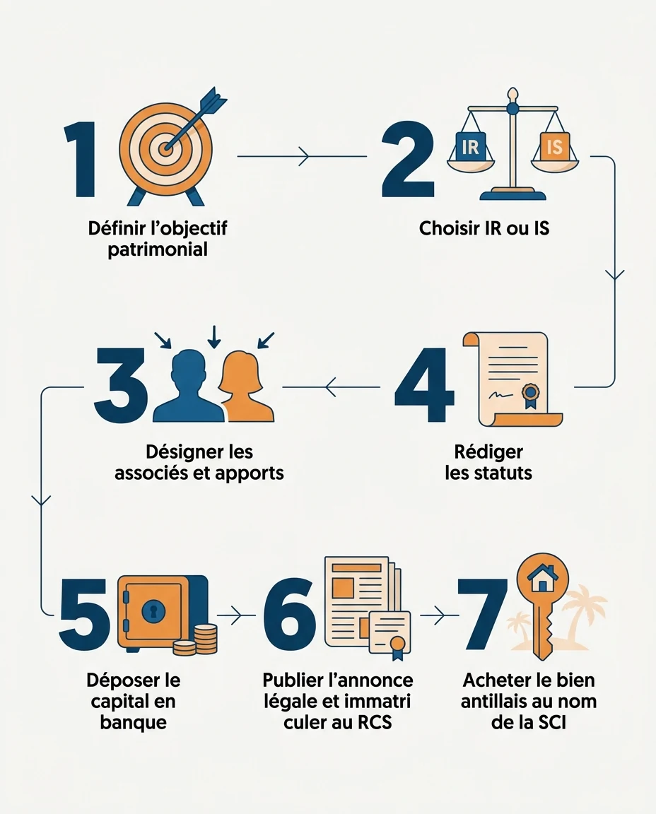 Infographie illustrant : Schéma chronologique horizontal illustrant les 7 étapes de création d'une SCI pour investir aux Antilles, de gauche à dr. Article Mouve