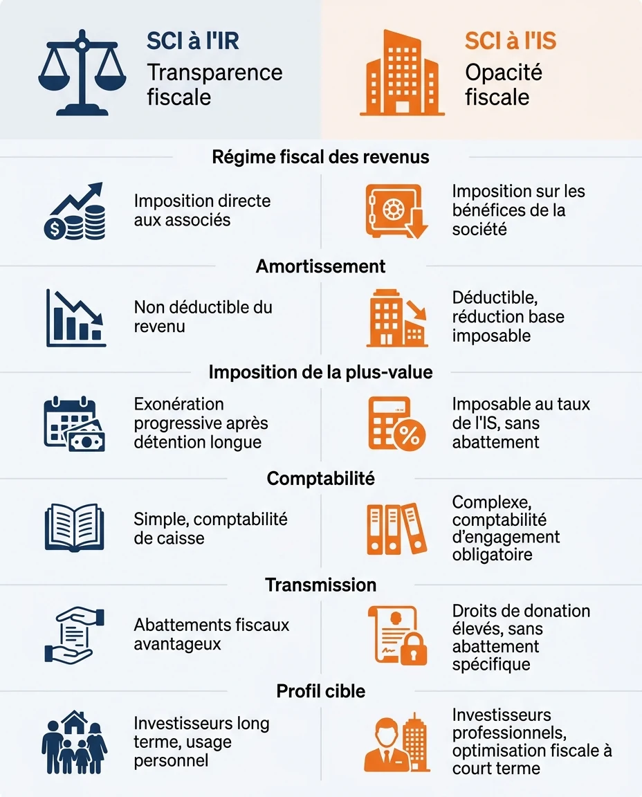 Infographie illustrant : Diagramme visuel comparatif SCI à l'IR vs SCI à l'IS sous forme de tableau visuel premium en deux colonnes. À gauche col. Article Mouve
