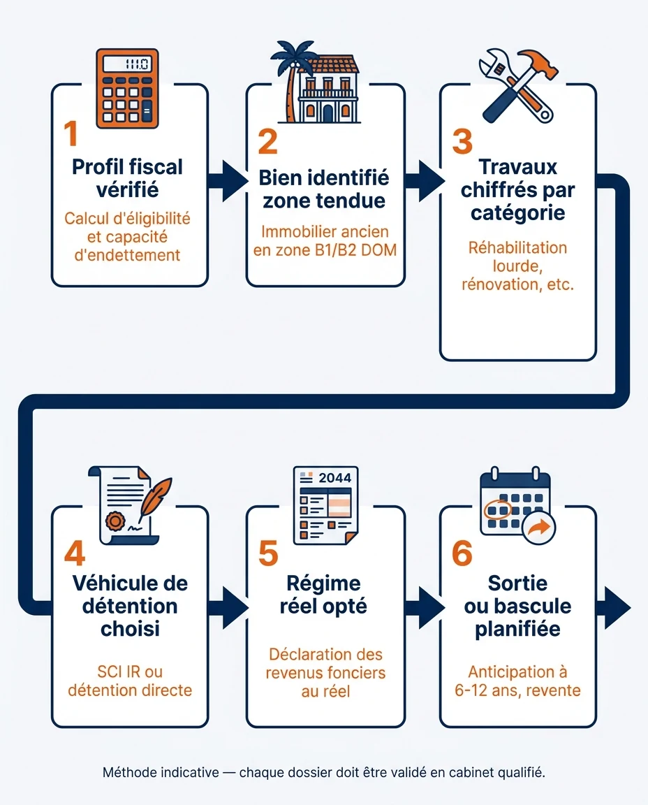 Infographie illustrant : Frise pédagogique horizontale en français représentant les six étapes pour structurer un dossier déficit foncier DOM-TOM. Article Mouve