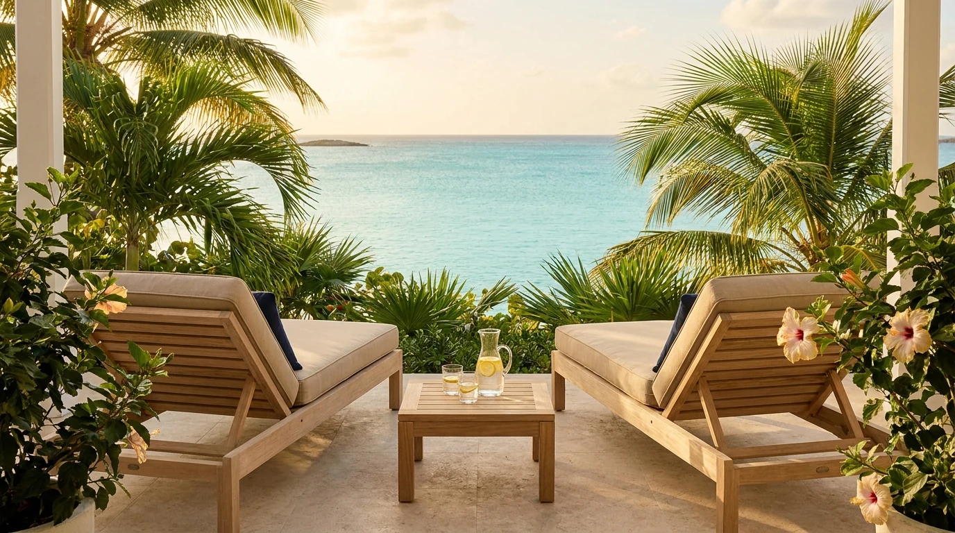 Terrasse de villa antillaise haut de gamme face au lagon — illustration d'une location saisonnière premium aux Antilles.