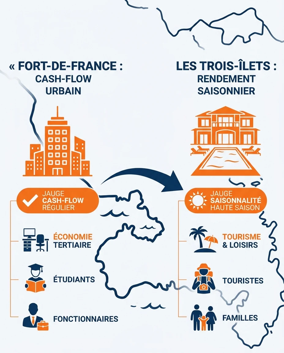 Infographie illustrant : Carte schématique de la Martinique centrée sur la baie de Fort-de-France. À gauche, le pôle Fort-de-France avec icône im. Article Mouve