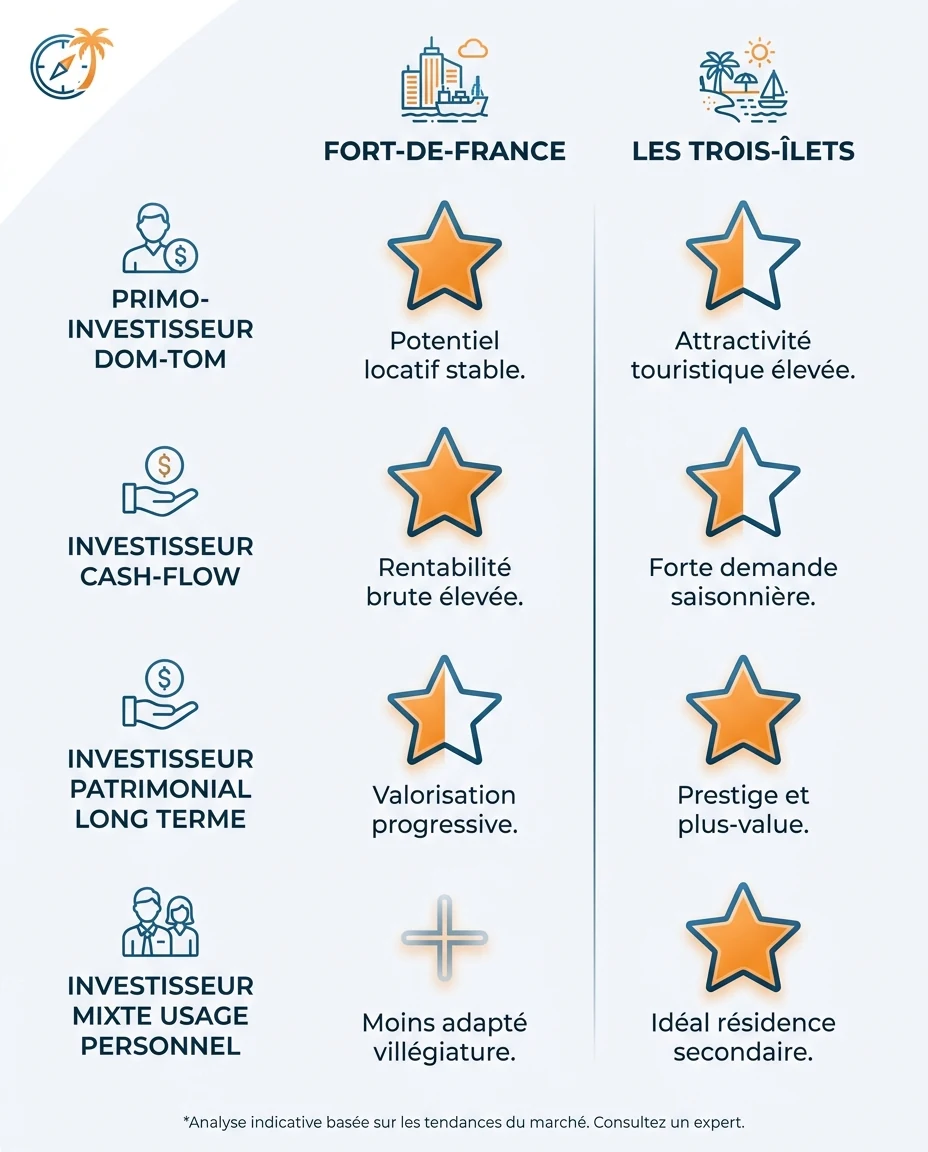Infographie illustrant : Matrice visuelle Profil investisseur × Pôle martiniquais pour aider à choisir entre Fort-de-France et les Trois-Îlets. Q. Article Mouve