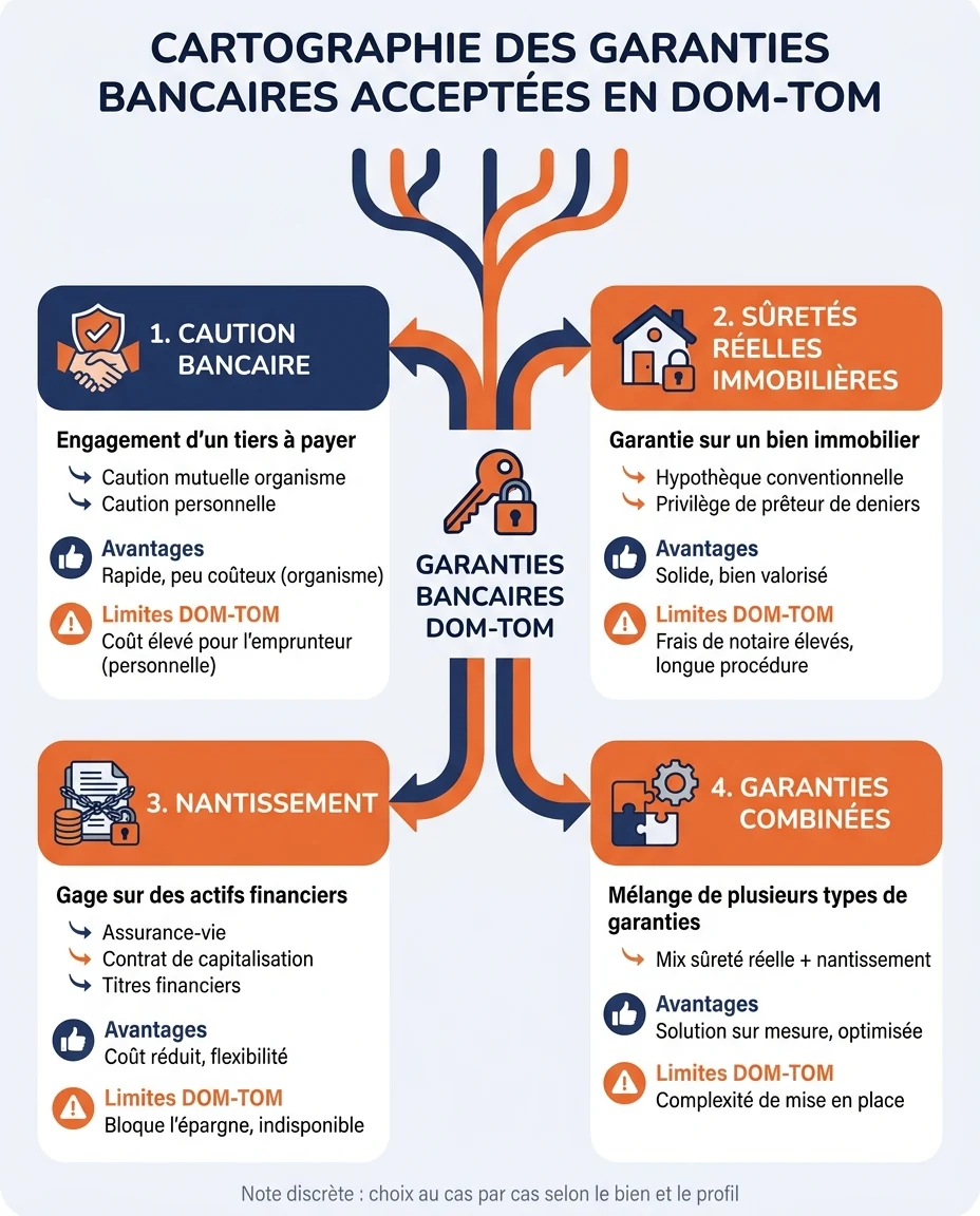 Infographie illustrant : Cartographie des garanties bancaires acceptées en DOM-TOM. Visuel pédagogique en arbre ou en éventail montrant les 4 gra. Article Mouve