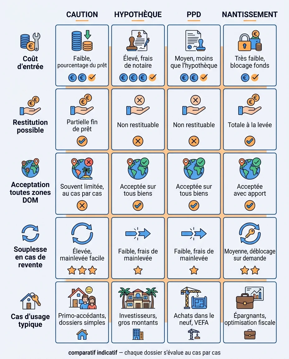 Infographie illustrant : Tableau visuel comparatif des sûretés bancaires en DOM-TOM. Visuel en grille à 4 colonnes (Caution, Hypothèque, PPD, Nan. Article Mouve