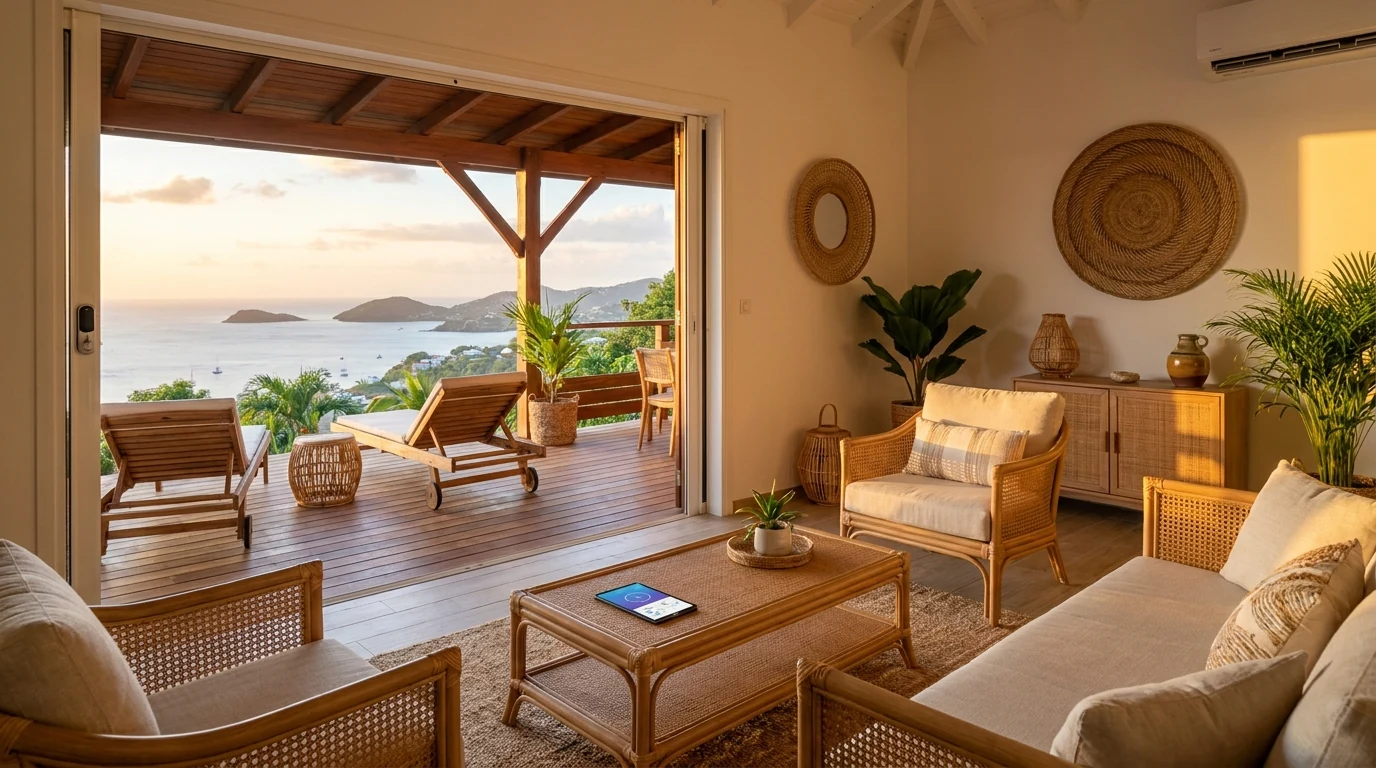 Intérieur d'un Airbnb premium en Martinique avec serrure connectée et tableau de bord — illustration de la gestion à distance d'un meublé de tourisme antillais.