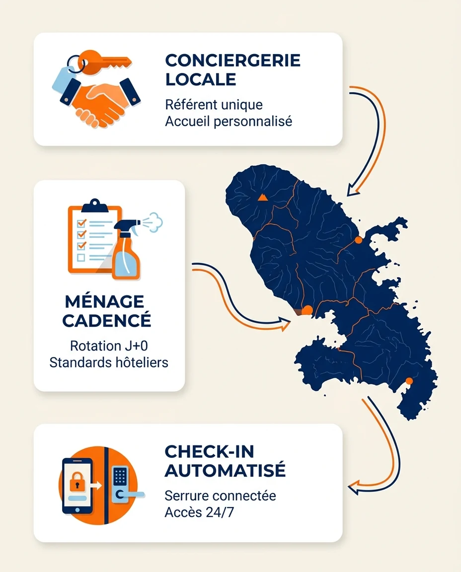 Infographie illustrant : Schéma vertical éditorial présentant les trois piliers de la gestion Airbnb à distance en Martinique. Au centre, une sil. Article Mouve