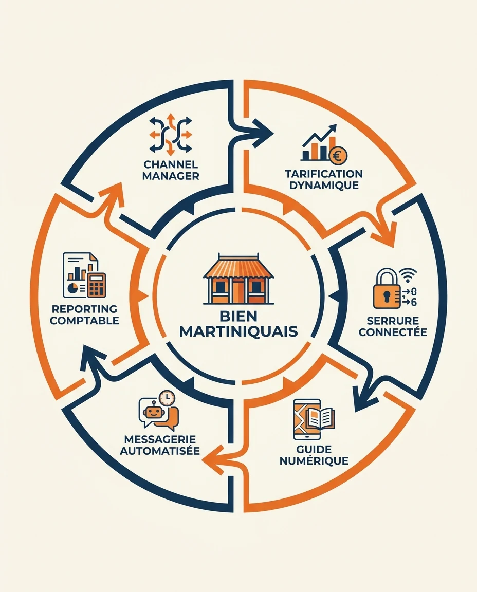 Infographie illustrant : Diagramme circulaire ou en roue éditoriale présentant les 6 briques technologiques d'un Airbnb martiniquais piloté à dis. Article Mouve
