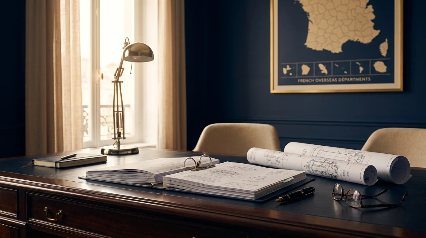 Mise en scène éditoriale d'un dossier Girardin IS dans un cabinet patrimonial dédié à la fiscalité ultramarine.