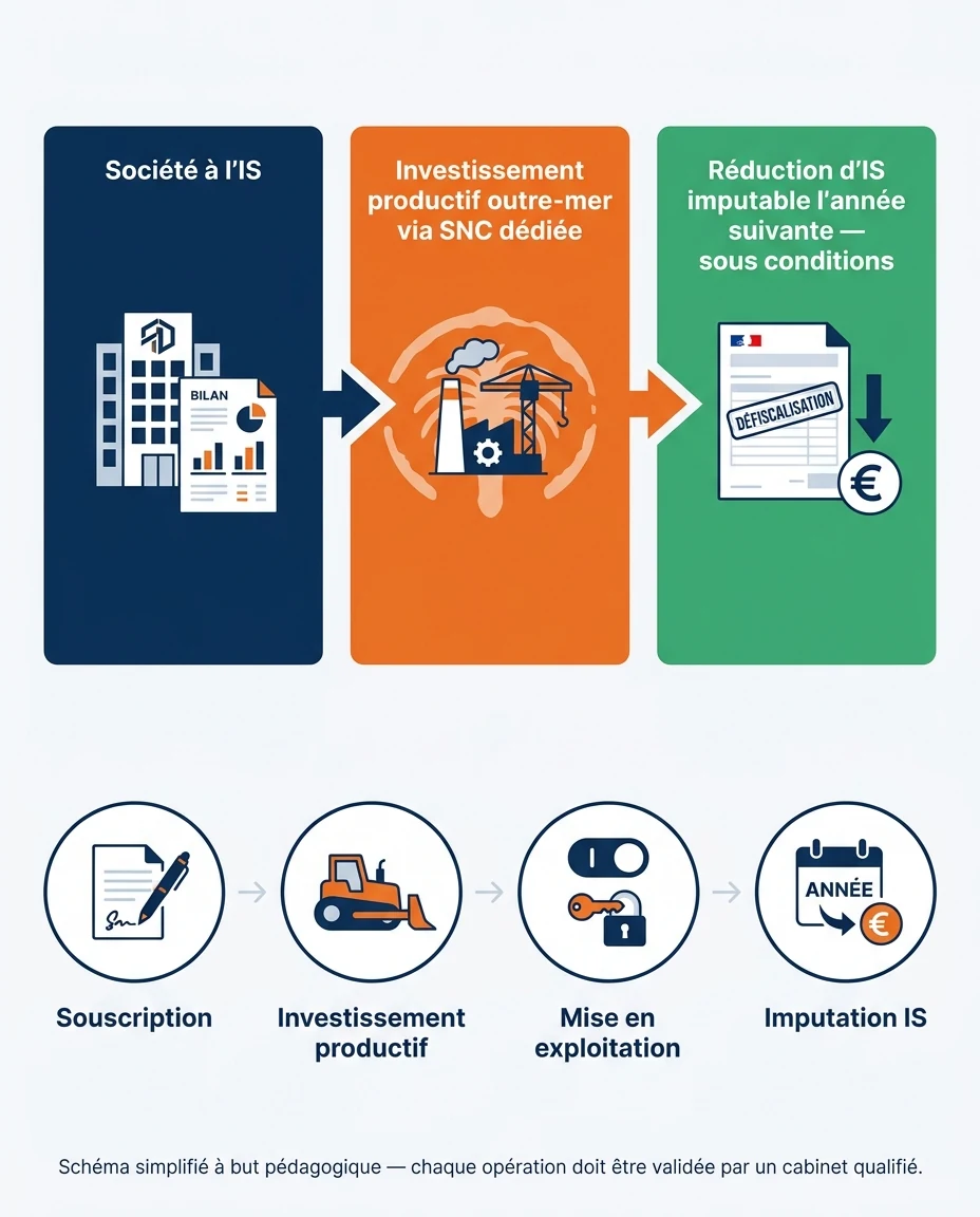 Infographie illustrant : Schéma pédagogique en français de la mécanique du Girardin IS pour une société soumise à l'IS, sans aucun chiffre précis. Article Mouve