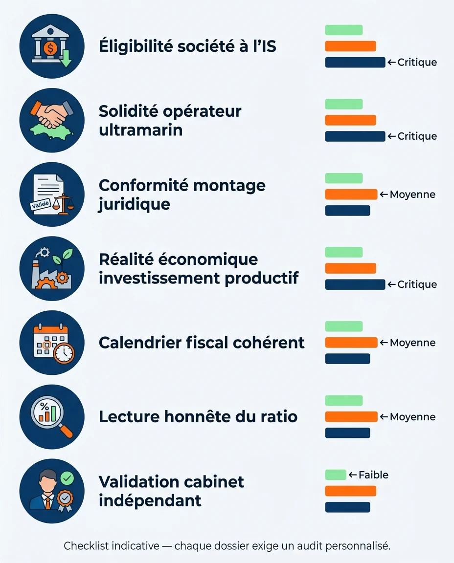 Infographie illustrant : Tableau visuel pédagogique des 7 points de vigilance d'une opération Girardin IS en France d'outre-mer. Schéma vertical . Article Mouve