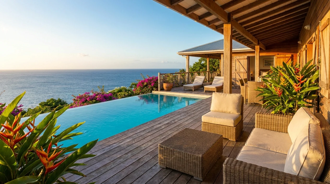 Villa créole premium avec piscine à débordement et vue sur la mer des Caraïbes en Martinique — illustration de la stratégie de location saisonnière haut de gamm