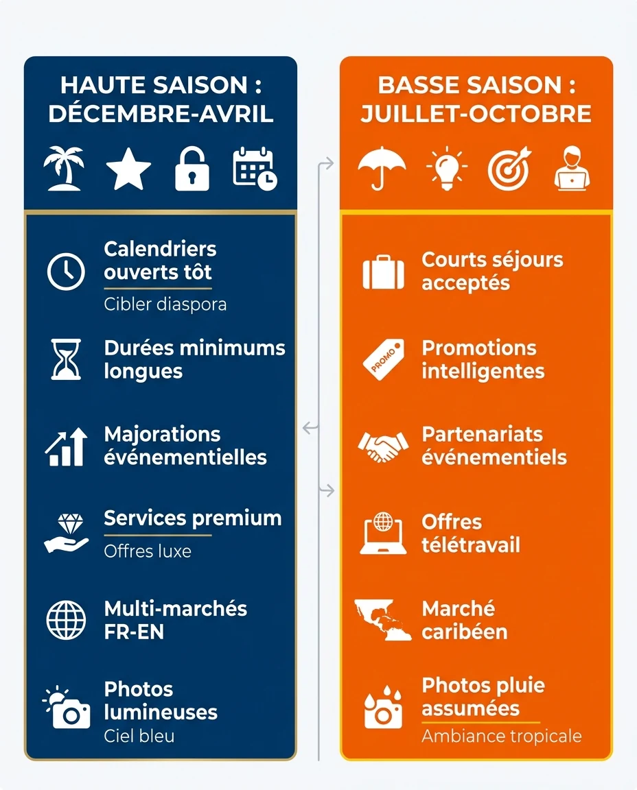 Infographie illustrant : Tableau de bord vertical éditorial type cockpit comparant les stratégies haute saison et basse saison pour un Airbnb mar. Article Mouve